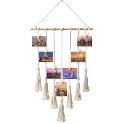 Vintage závěsný fotodisplej Macrame Nástěnný organizér na obrazy Home Decor, s 25 dřevěnými sponami, vícebarevný, standardní