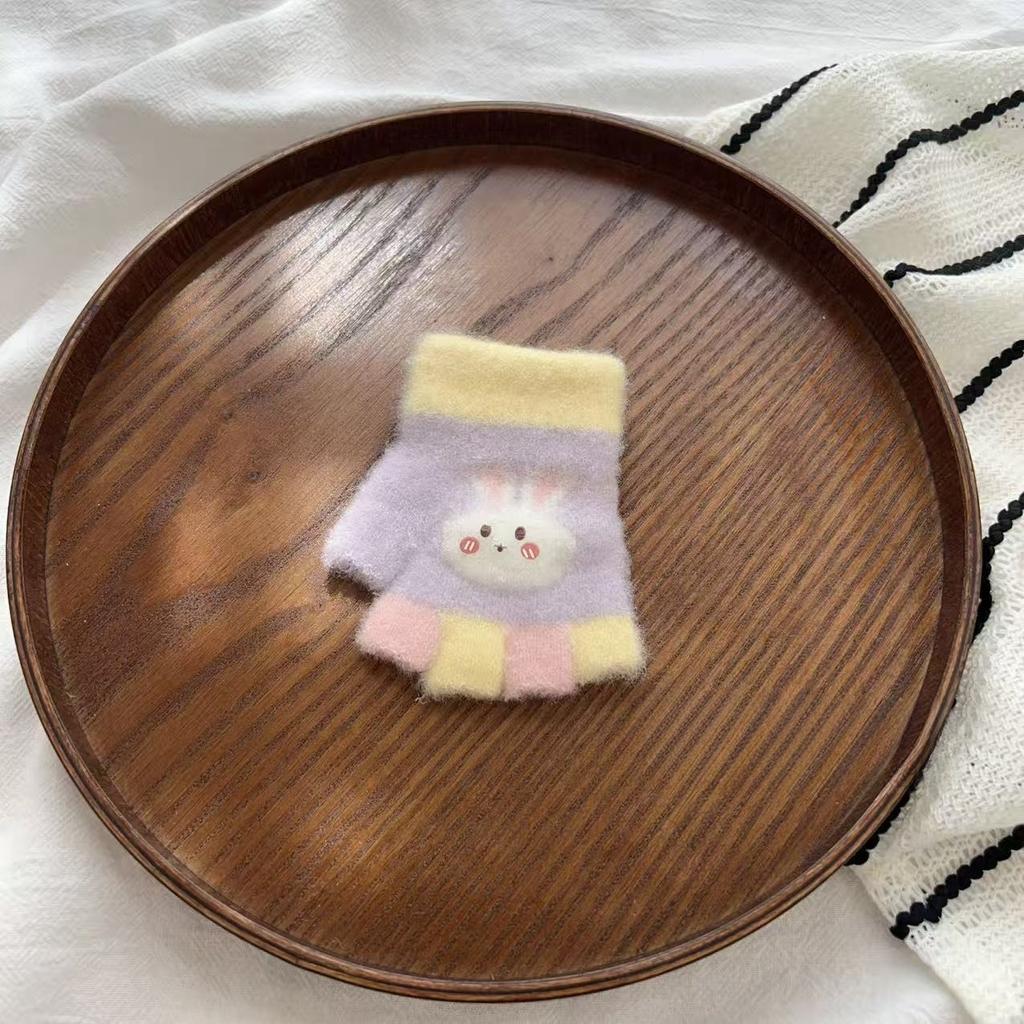 Baby Halbfingerhandschuhe Herbst und Winter Cartoon Fünffinger Farbblockierung Hase Niedlich Warm Schreiben Halbfinger