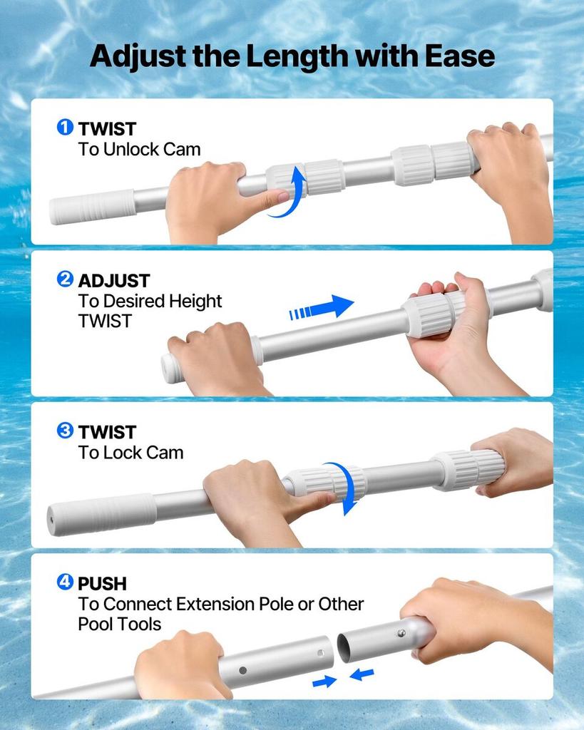 Pool Pole, 1 to 3.65 mm Telescoping Swimming Pool Cleaning Poles, Professional Adjustable Telescopic Pole with Extension Pole, Heavy Duty Cleaner