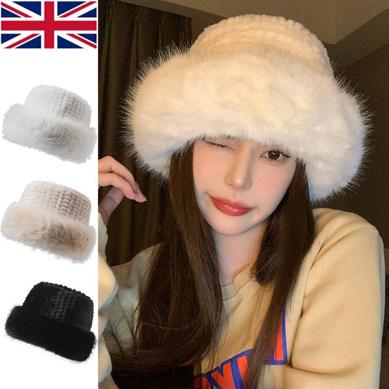 Winter Warm Fluffy Faux Fur Bucket Hat for Women Thermal Windproof Fisherman Cap Warmer