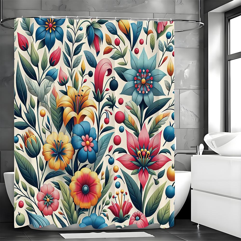 Cortină de Duș de Primăvară Colorată Florală cu Frunze, Cortină de Duș Decorativă pentru Baie, Cortină de Duș Impermeabilă cu Cârlige