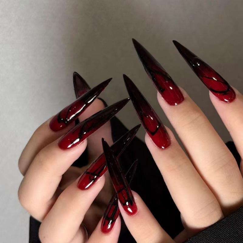 Gothic Red & Black Gradient Handmade Long False Nails