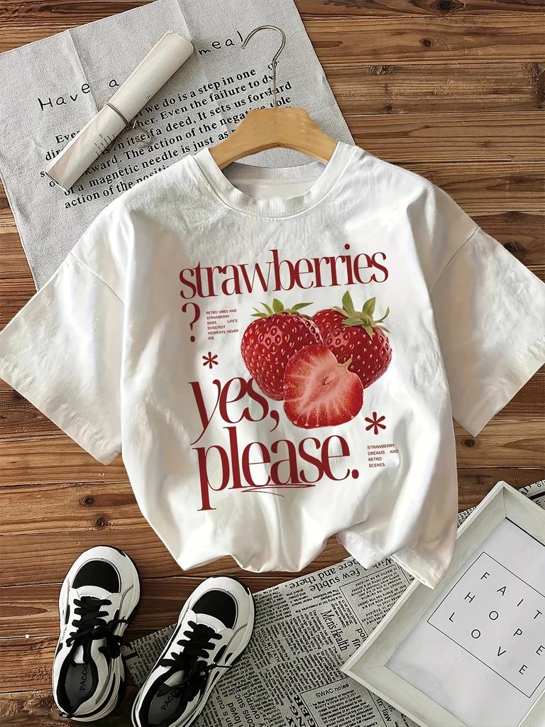 New Strawberry Pattern Printed Summer Retro Casual Round Neck Short Sleeve Tshirt Top