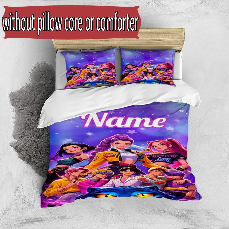 3pcs Duvet Cover Set (1*Duvet Cover + 2*Pillowcase, Without Core), Custom Name KPop Hunters Pattern Bedding Set, Home Bedroom Decor Gift