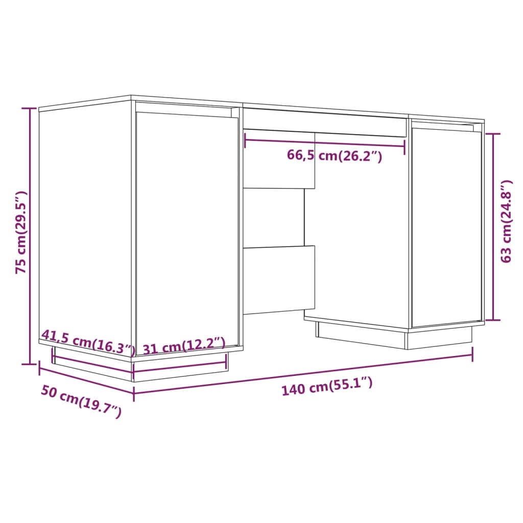White Desk 140 x 50 x 75 cm Solid Pine Wood