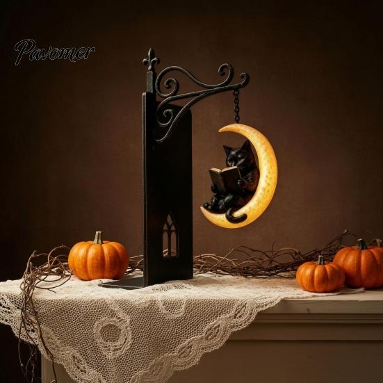 Ambient Lighting for Bookshelves Gothic Metal Bookends with Hanging Light, Cat Raven Ghost Decorative Crow Ancient Book End Bookshelf Lamp,