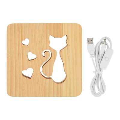 Kedi Kalp Desenli Gece Lambası Ön Arka İçi Boş Ahşap 3D LED Yatak Odası Restoran Lambası