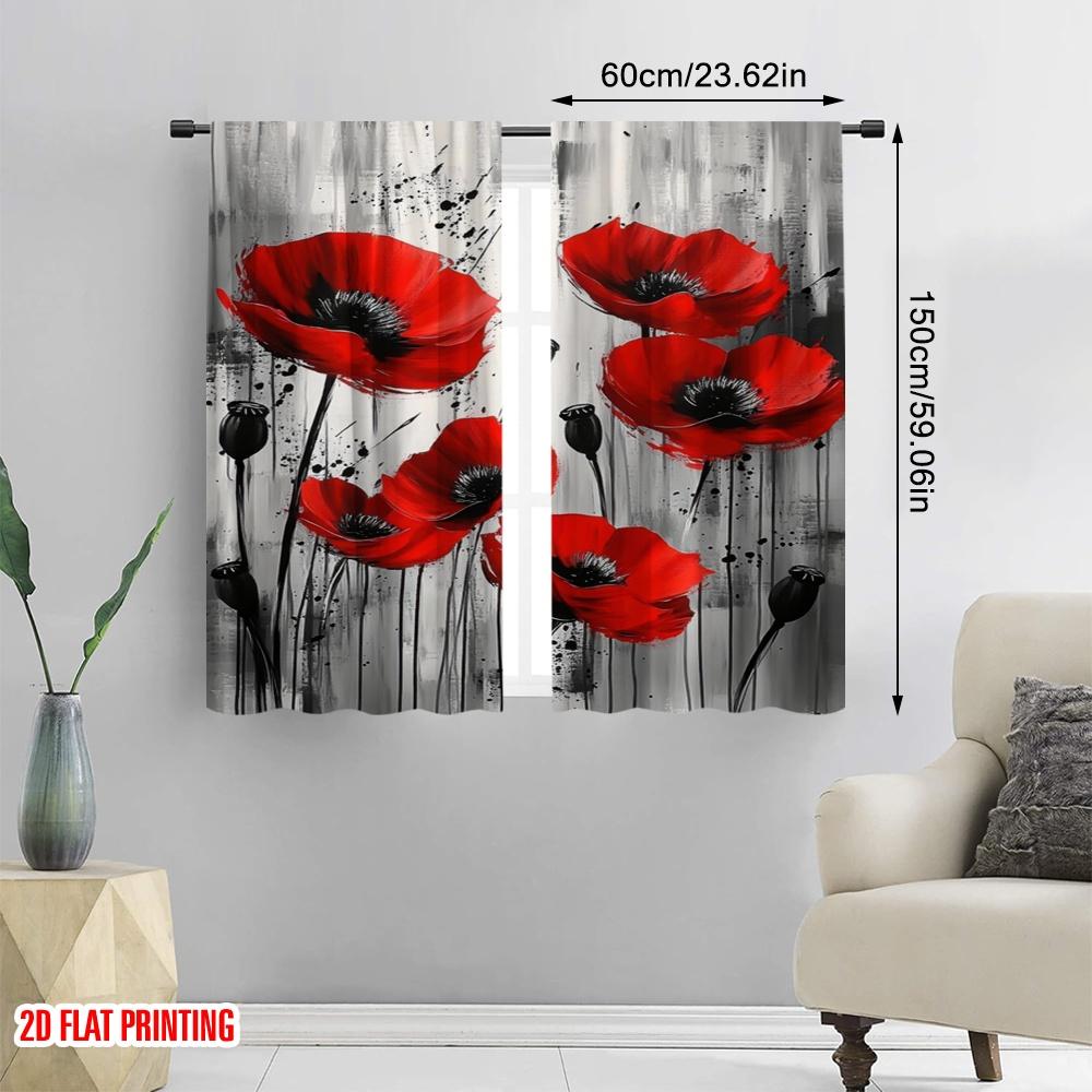 2 Stück, 2D-Flachdruck Fenster Vorhang Rote Mohnblüte Ausbruch Vielseitiger Polyesterstoff (ohne Stange) Alle Jahreszeiten Ldeal zum Wohnen