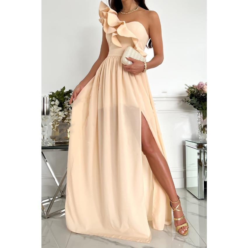 IHUASU Summer Spring Sleeveless One Shoulder Flanged Lower Slit Women's Dress Women
