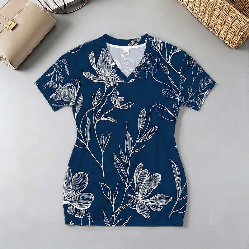 Short Sleeve Hot Girl Style Fitted V-Neck Floral Dress Comfortable, Versatile for Daily Casual & Beach Trips