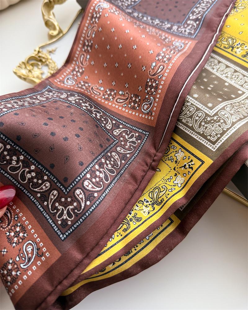 Women Satin Vintage Paisley Printed Design Scarf Shawl Fashion Luxury Long Narrow Small Scarves Ladies Headband Headscarf
