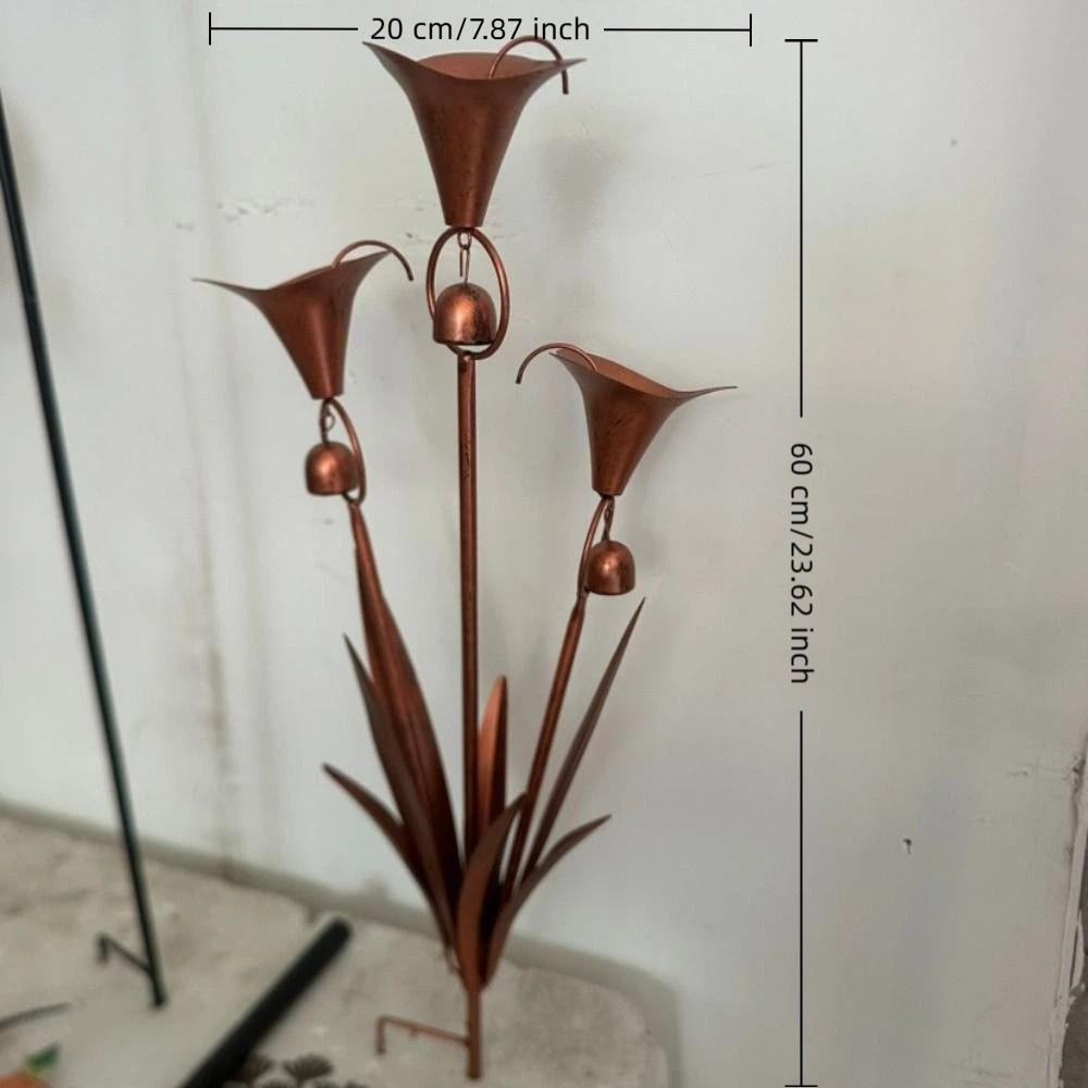 Weatherproof Metal Floral Garden Stake Handcrafted Retro Three Calla Lilies Sculpture with Bells Garden Sculpture Patio