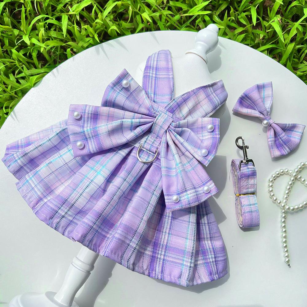 Pet JK plaid dog skirt chest strap leash walking dog cat vest clothes