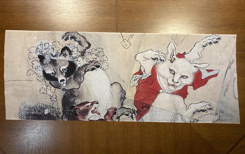 hand towel from all over the featuring Nekomata and Tanuki by Kyosai Choju Jinbutsu Giga and Haughty Ukiyo-e world, Kawanabe, (Choju Giga),