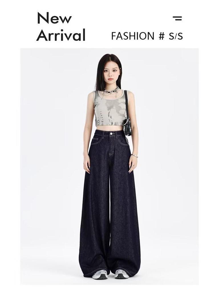 Women's American-Style Dark Blue Summer Jeans - Light, Straight-Leg, Loose Wide-Leg Pants