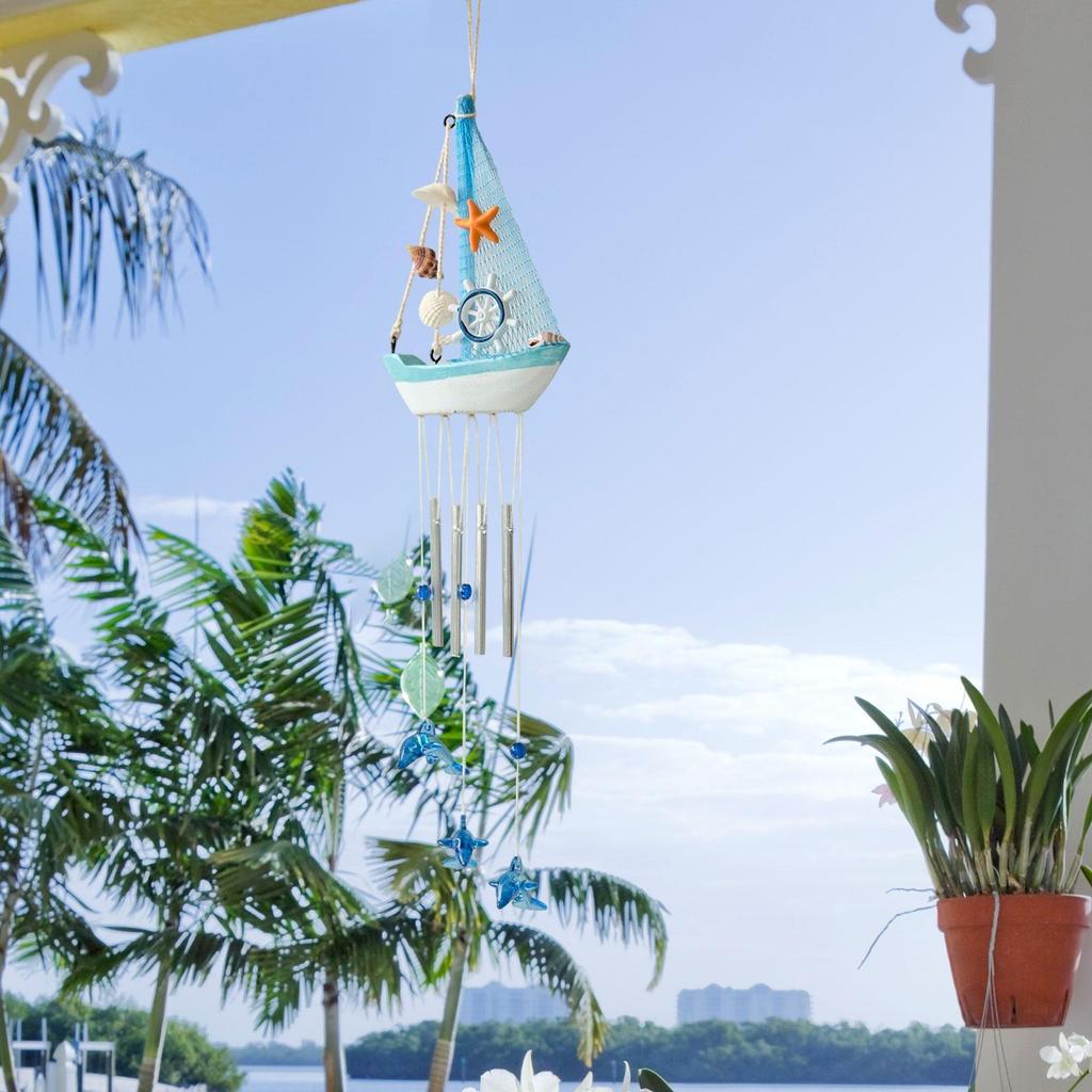 Sailboat Wind Chime Unique Creative Gardening Gift Beach Art Nautical Decor Hanging Pendant Wind Bell for Indoor Window Porch