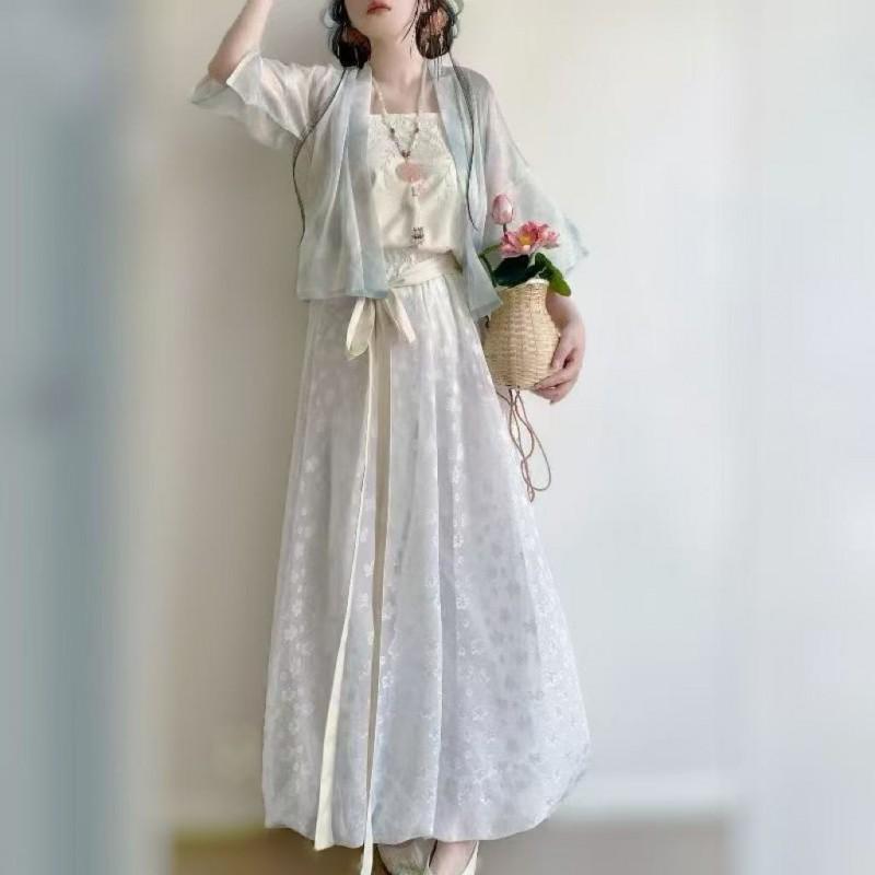 Womens Song Dynasty Style Hanfu Set: Short Top Camisole Bloomer Pants In Chiffon Daily Wear