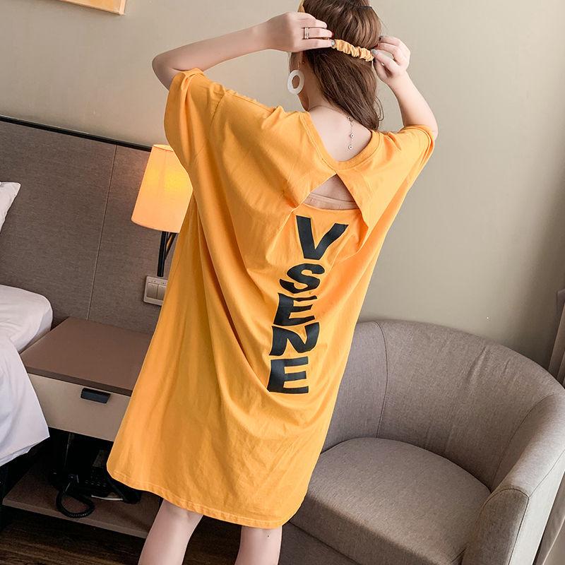 Summer Short-sleeved T-shirt Skirt Backless Sexy Careful Machine Dress Loose Large Size Women's Clothing 100kg Fat Sister Long Dress