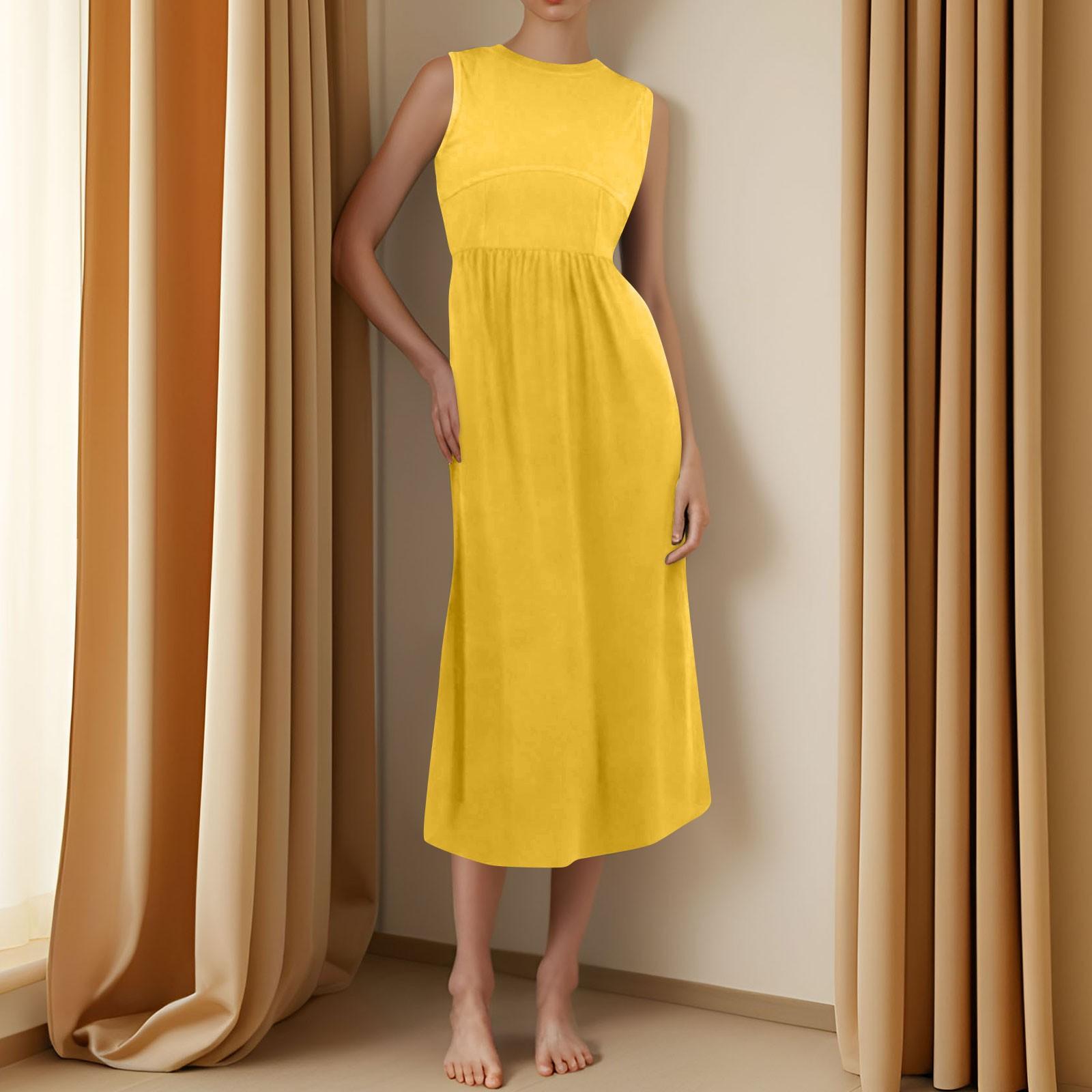 

Women s Casual Fashion Round Neck Sleeveless Solid Irregular Hem Midi Dress XL жовтий