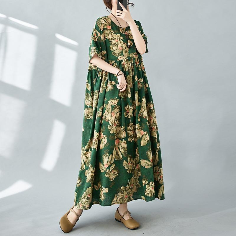 Dimanaf Women Dress Summer Plus Size Beach Sundress Linen Bohemian Print Flowers Fashion Lady Vestidos Loose Casual Long Dress Oversize 9079
