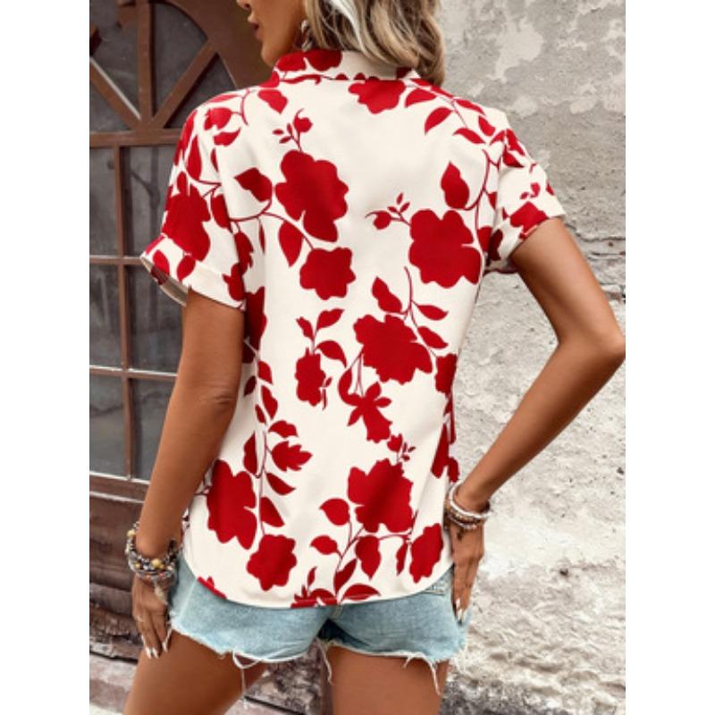 Women Floral Print V Neck Short Sleeve Blouse Casual Notch Collar Rolled Cuff Shirt