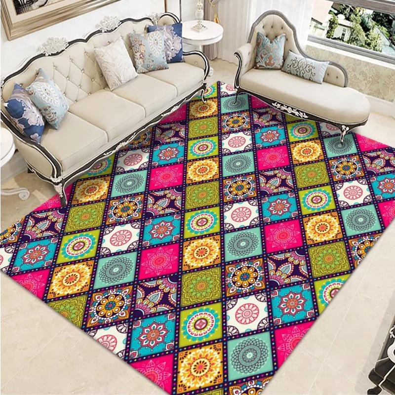 Retro Ethnic Style European-style Living Room Carpet Bohemian Non-slip Coffee Table Carpet Household Easy-to-take Crystal Velvet Carpet