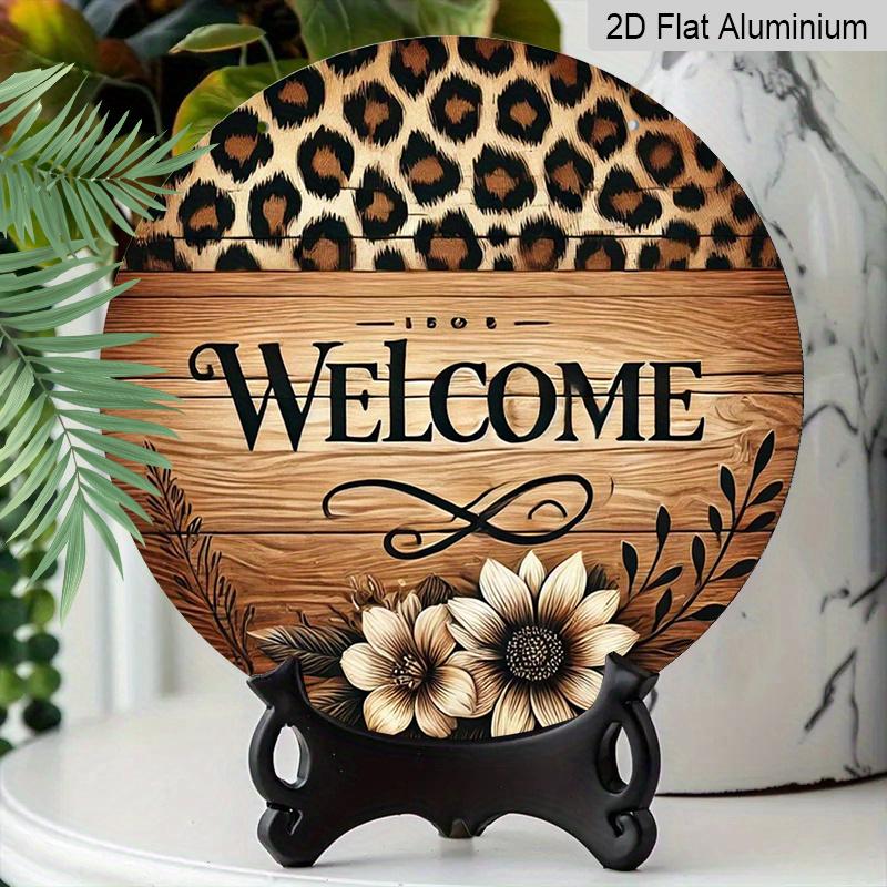 2D Flat Aluminum 7.87 Inch X 7.87 Inch Leopard Print and Floral Pattern Welcome Sign Wall Decoration, Vintage Style. Suitable for Cafes, Living