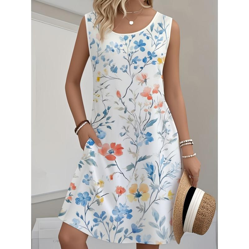 

Plus Size Women s Sleeveless Shift Dress - Fresh Floral Print, Invisible Pocket Design, Ideal for Summer Getaways, Daily Commute & Loungewear S