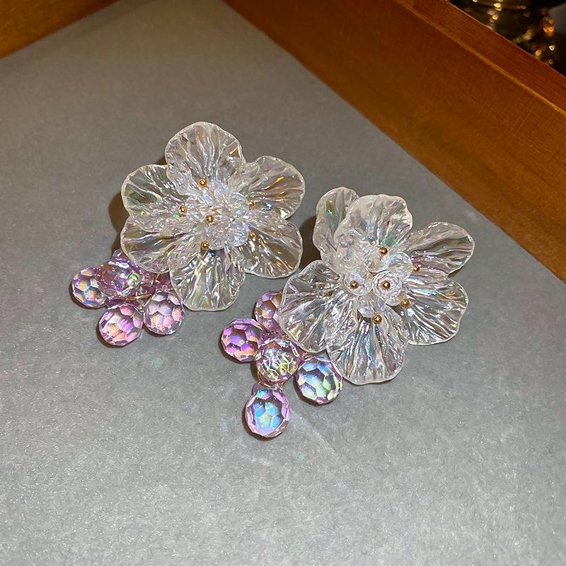 Silver Needle Fabric Flower Glass Fringed Earrings Medium Antique Temperament Stud Earrings Design Sense Niche Earrings