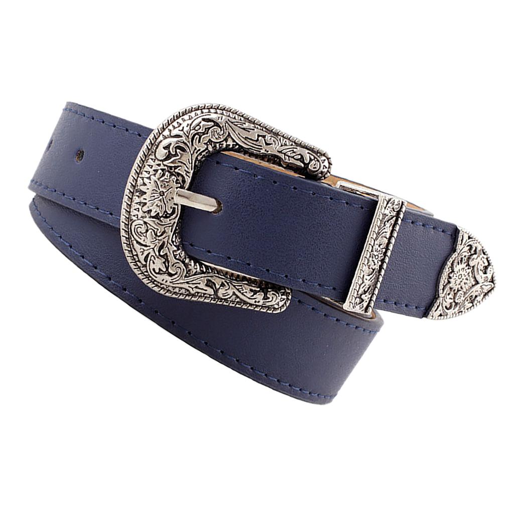 Women Waist Belt Exquisite Carved Buckle Adjust Size Fashionable Waist Belt for Pants navy Blue Free Size