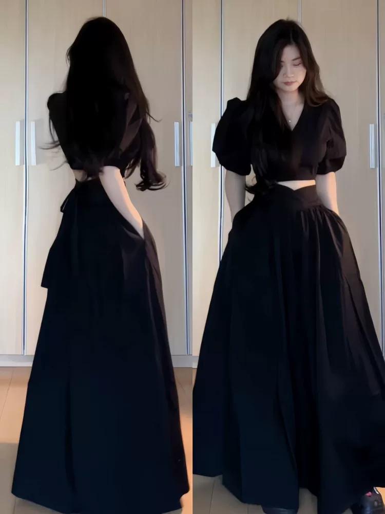 Plus Size Plus Size Ladies Fancy French Style Black Puff Sleeve Dress Women s Summer Hepburn Style Midriff Outfit Two-piece Set Long Skirt M