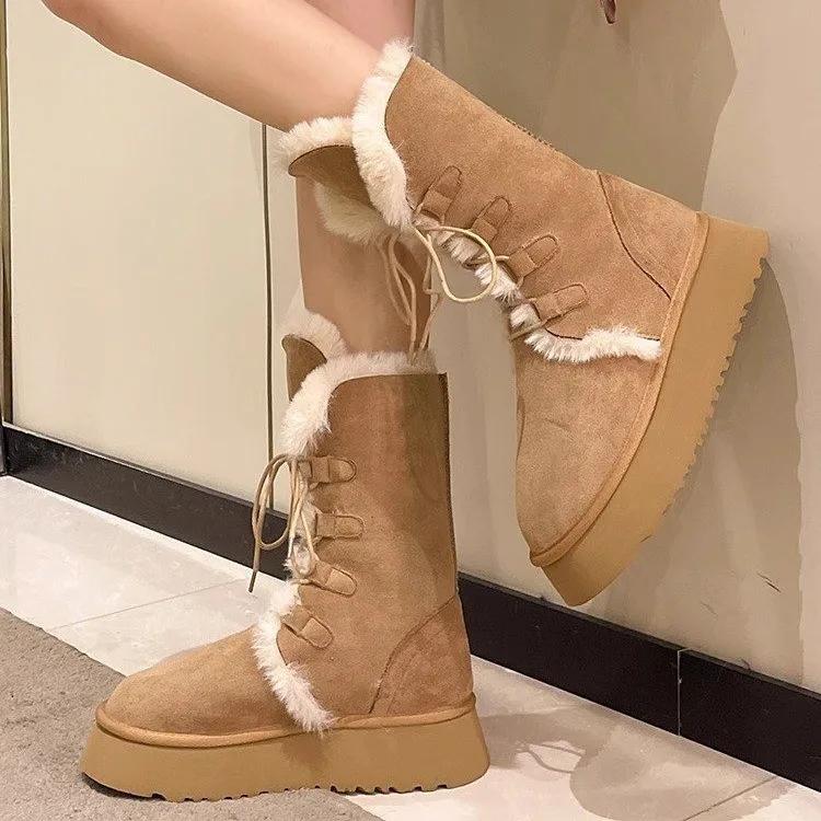 2025 New Women Ankle Boots Winter Warm Outdoor Leisure Working Fur Snow Boots Wedges Heels Platforms Lace-Up Shoes Woman