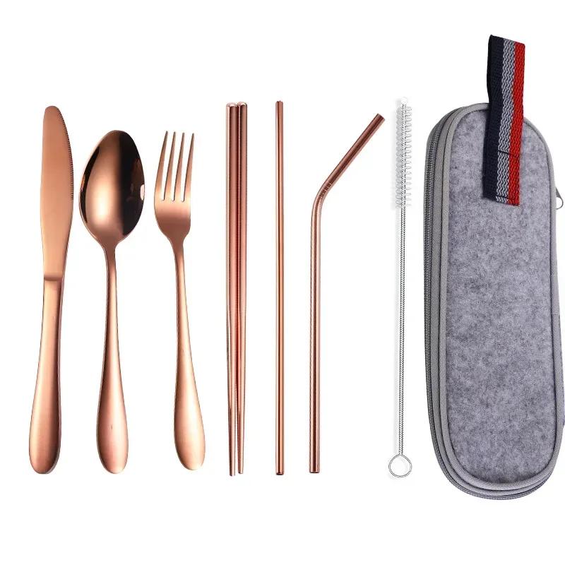 Portable 304 Stainless Steel Korean Knife, Fork, Spoon, Chopsticks and Straw Tableware Set for Travel - Folding Tableware