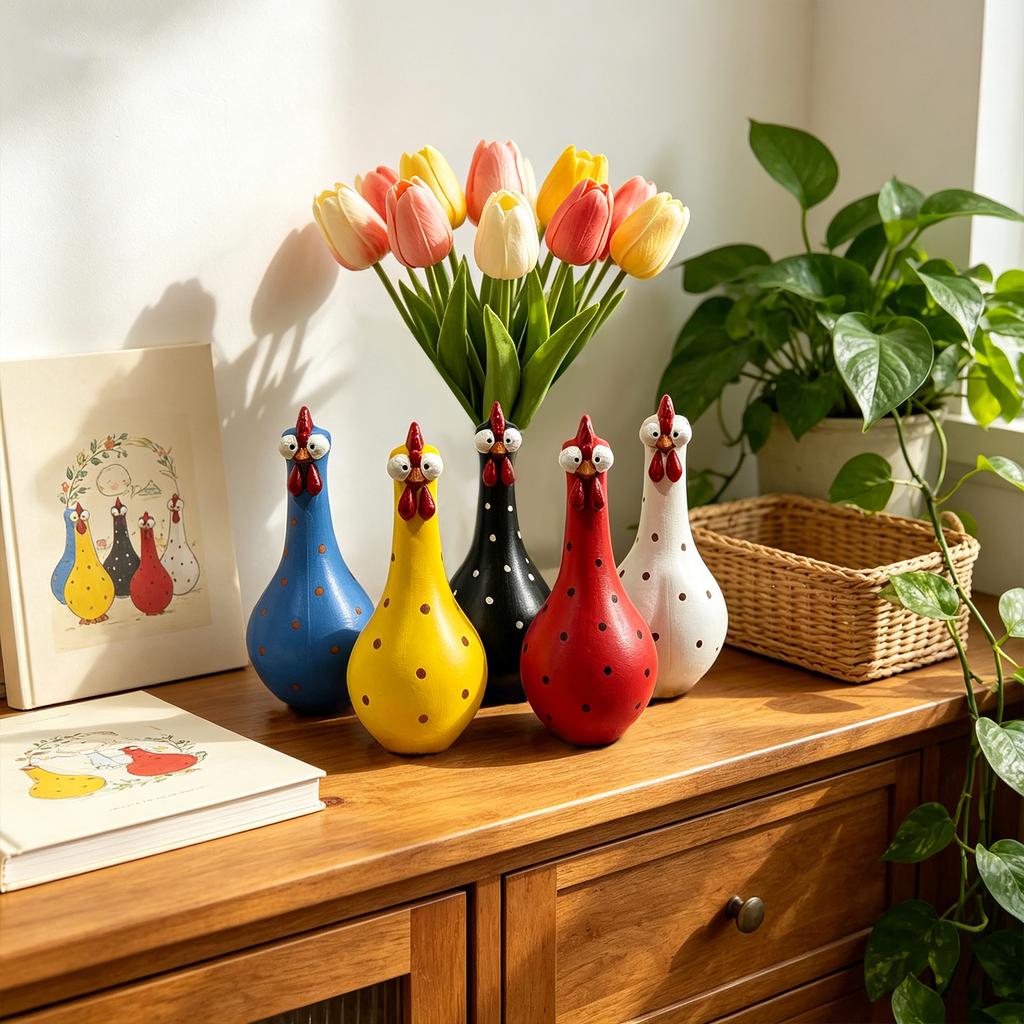 Resin Long Neck Chicken Figurine Decorative Vase with Polka Dot Pattern for Home Tabletop Ornament and Display Accent