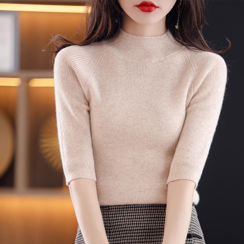 

Весна и Осень Новая Приталенная Облегающая Водолазка Базовая Футболка Универсальный Вязаный Короткий Рукав Женский Однотонный Рукав Пять Четвертей Средний Рукав XXL бежевый