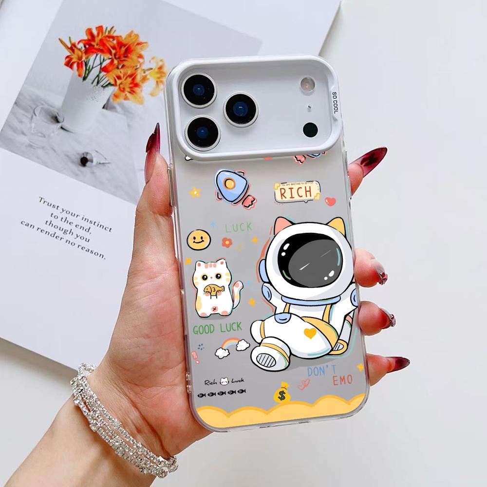 Cute Cartoon Astronaut Phone Case For iPhone 17 16 15 14 13 12 11 Pro Max Air Matte Laser Aurora Shockproof Funda