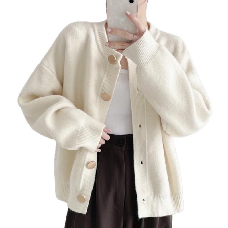 Autumn Winter Design Single Breasted Knit Sweater Women Cardigan Lazy Style Loose Solid Round Neck Top