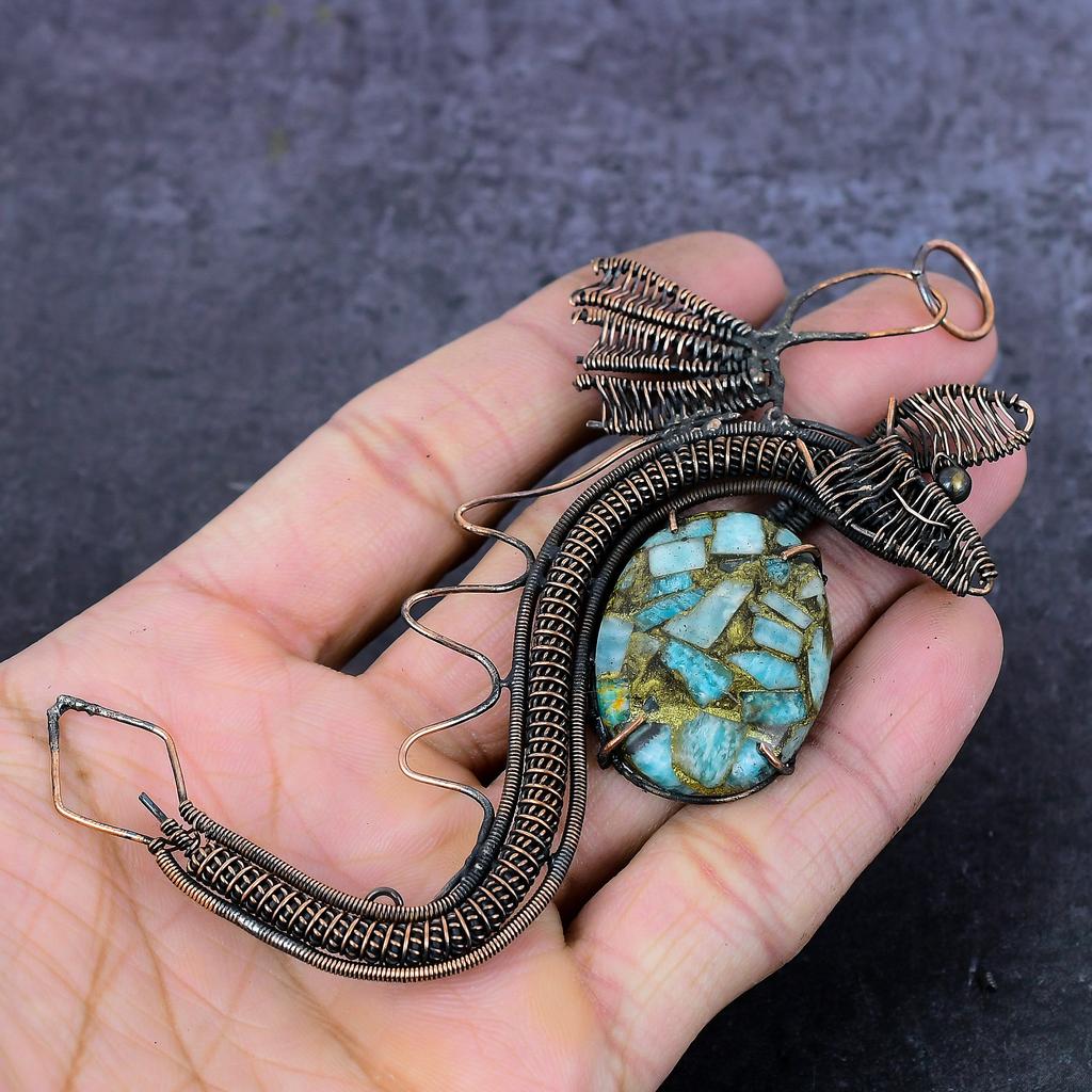 Natural Copper Larimar Handmade Copper Wirewrap Dragon Gift Pendant 4.53" D8G39