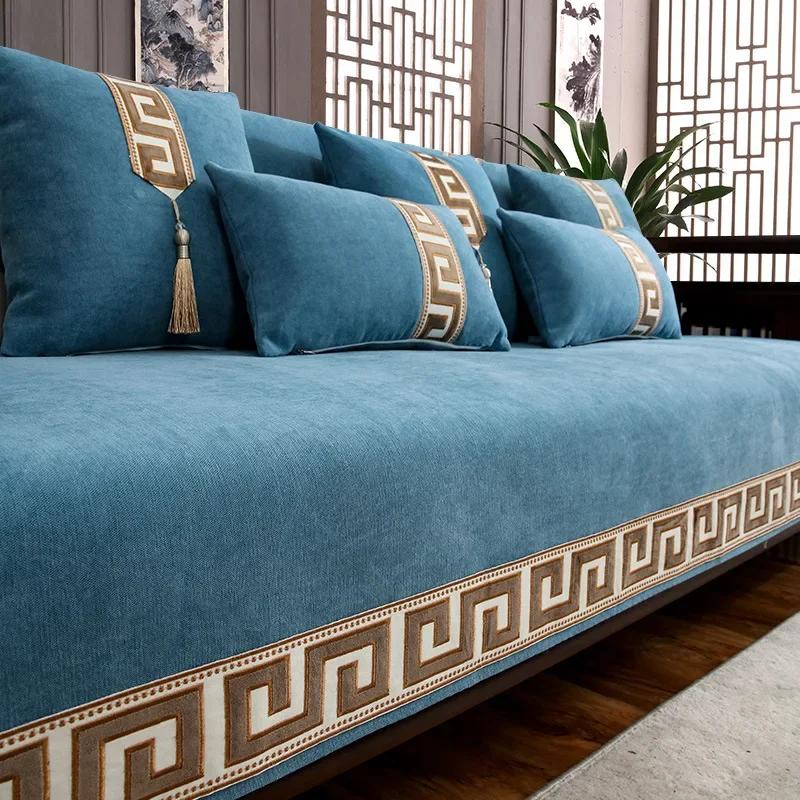 Chinese Style Chenille Sofa Cover Four Seasonal Universal Solid Wood Sofa Seat Cushion Joyful Anti Slip Red Chair Cushion Cover