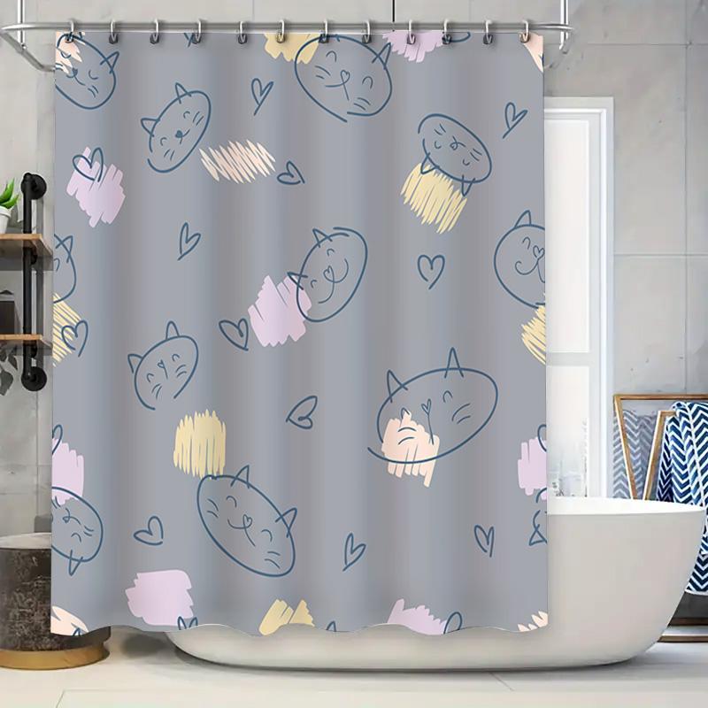 

Adorable Cartoon Cat Printed Shower Curtain Gray Background with Yellow and Pink Accents Made from Durable Water-Resistant Fabri 90x180cm
