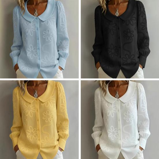 Women Shirt Loose Fit Doll Collar Long Sleeve Buttons Placket Shirt Tops Embroidery Flower Jacquard Pattern Loose Fit Shirt
