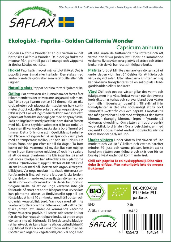 SAFLAX Garden In the Bag - Organic - Sweet Pepper - Golden California Wonder - 20 Seeds - With Substrate In a Fitting Stand Up Bag - Capsicum Annuum