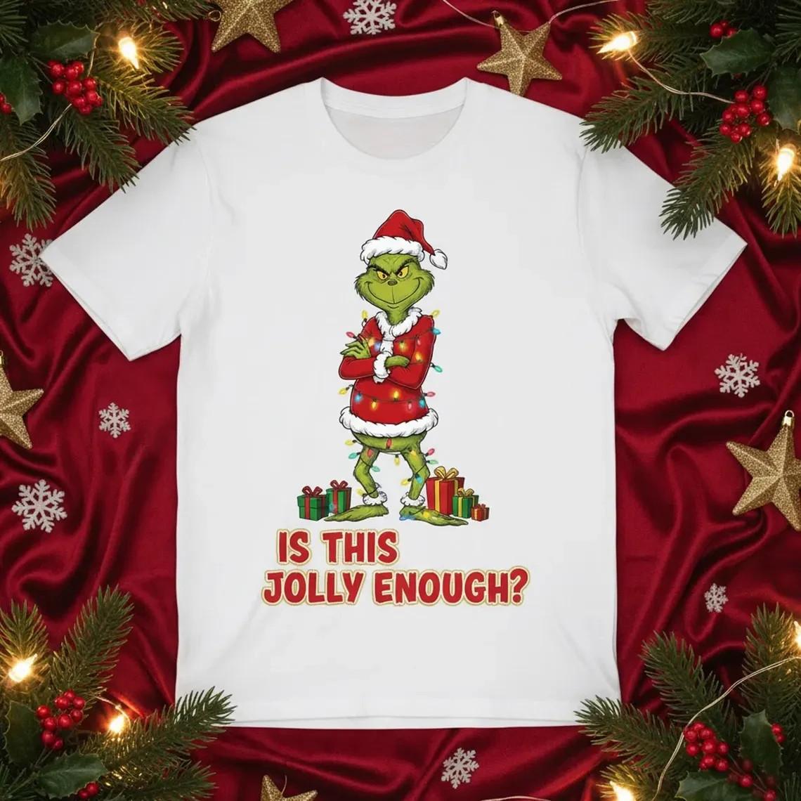 Funny Grinch Christmas T-Shirt Is This Jolly Enough Tee Holiday Humor Graphic XXL