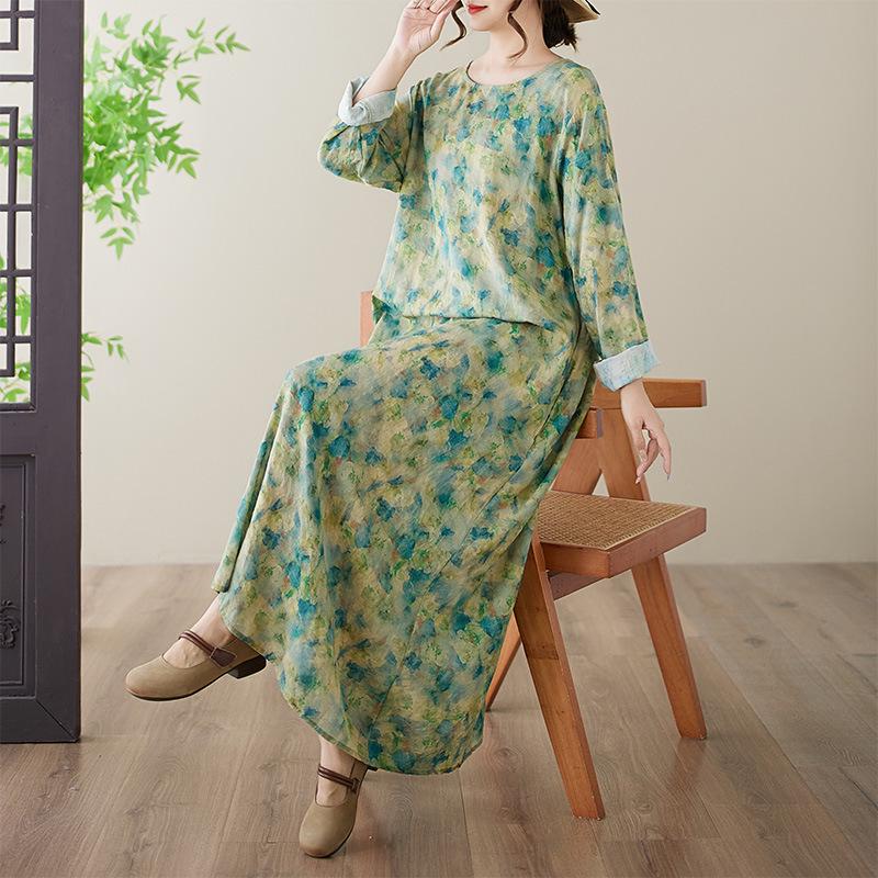 Plus Size Cotton & Linen Printed Round Neck Long Sleeve Holiday Dress L