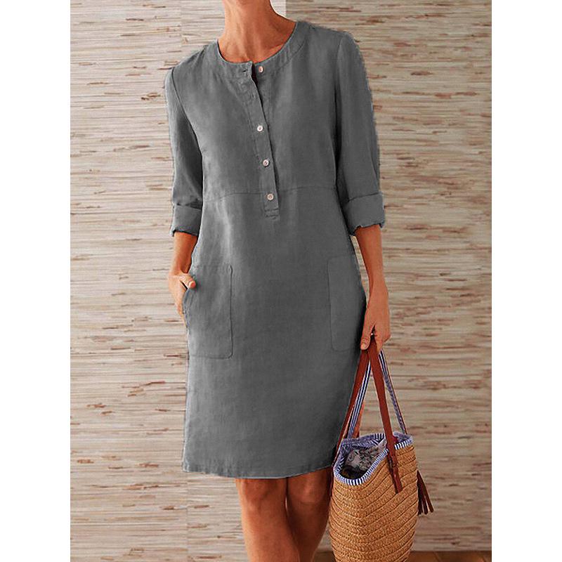 2024 Spring Women's Plus Size Long Sleeve Cotton Linen Round Neck Dress