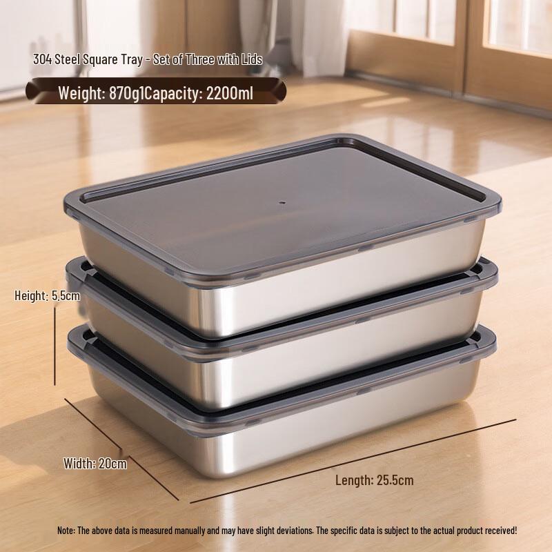 ZISIZ 304 Stainless Steel Rectangular Food Prep & Storage Tray with Lid