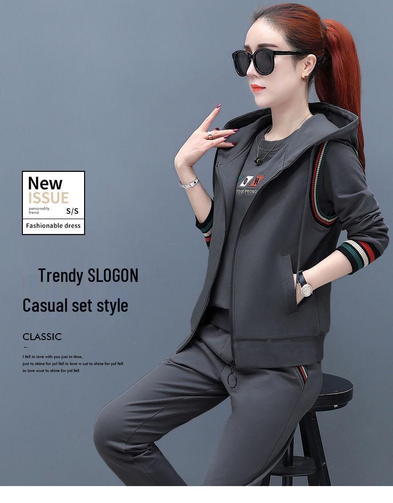 2023 Women's Korean Fashion Three-Piece Set: Long-Sleeve Sweatshirt, Vest, Plus Size Casual Sportswear for Spring & Autumn
