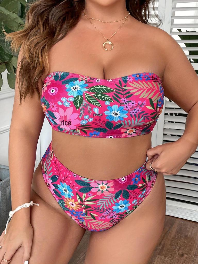2024 Plus Size High Waist Bandeau Swimsuit - European & American Print