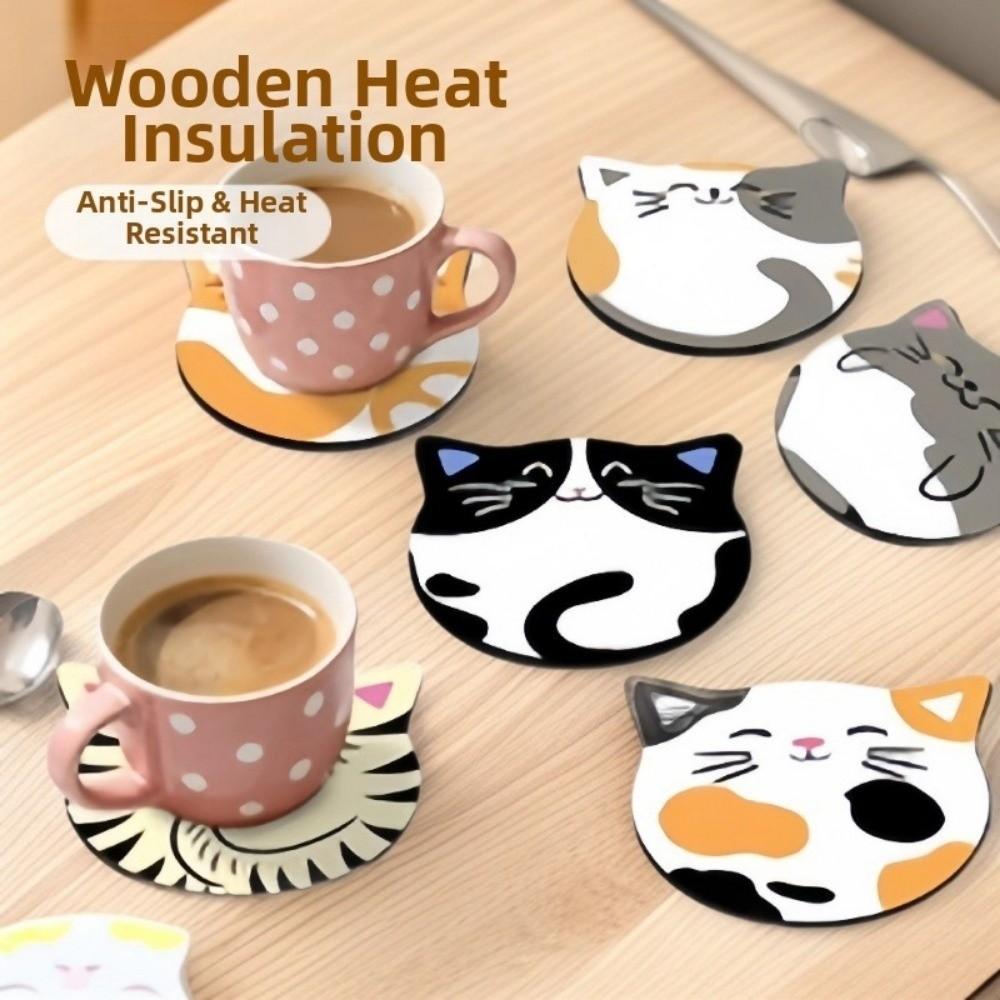 4/6pcs Round Wooden Cat Coaster Waterproof Insulation Pad Sweet Coffee Cup Mat For Coffee Table
