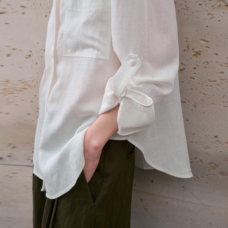 Light and thin pure linen shirt women's high-end simple solid color lapel cardigan lazy wind long-sleeved loose sunscreen shirt